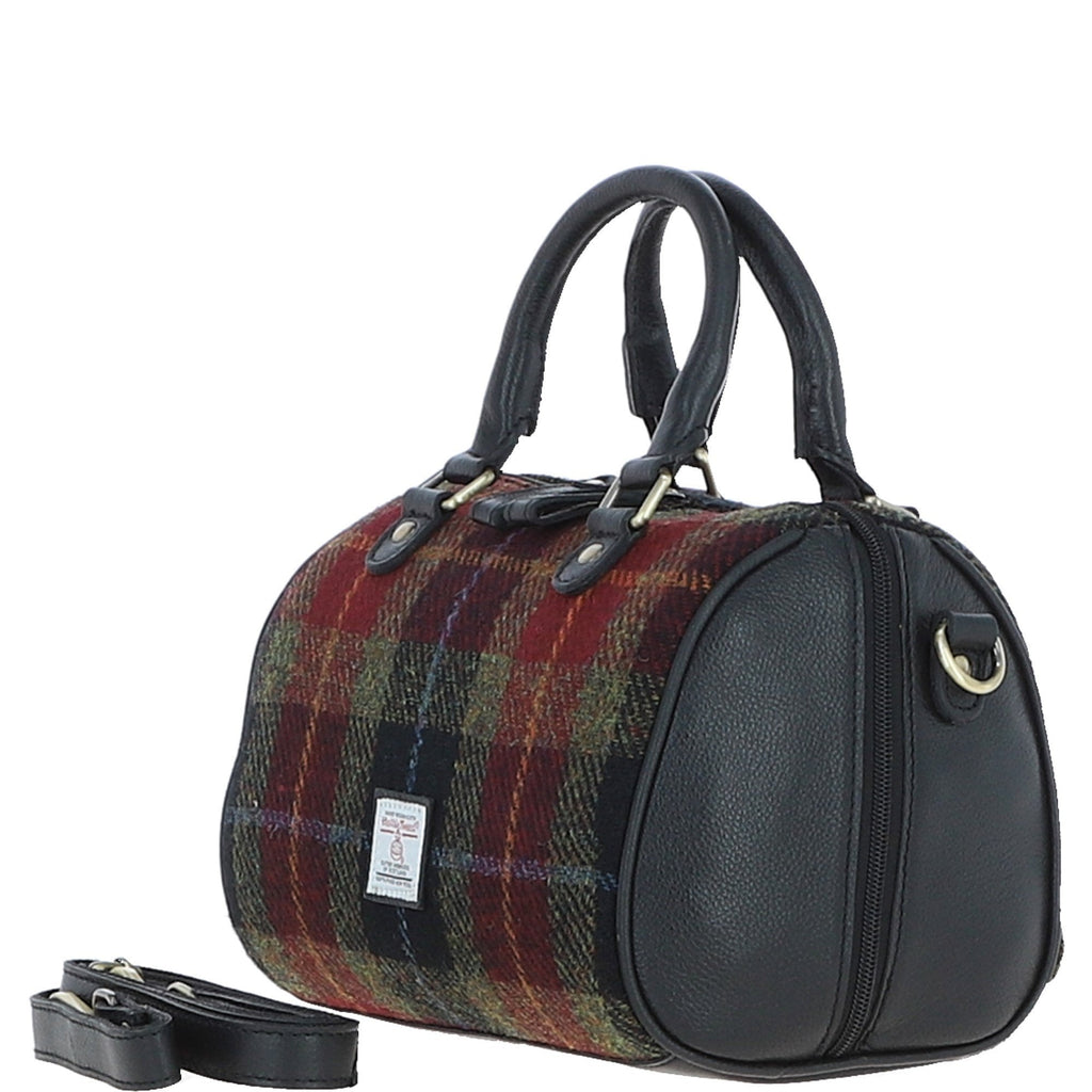 Leather & Harris Tweed Medium Barrel Bag – Black / Green / Red, view 2