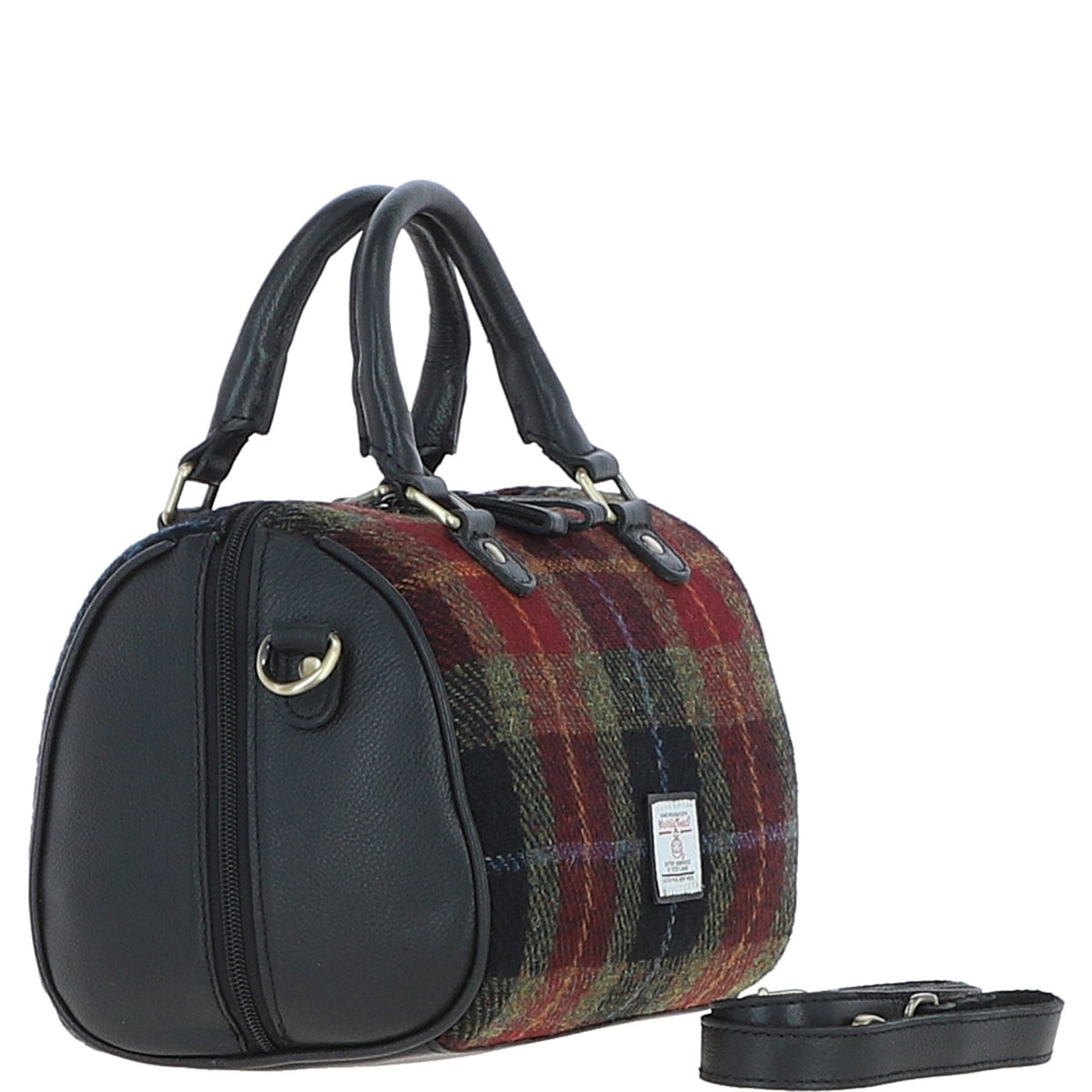 Leather & Harris Tweed Medium Barrel Bag – Black / Green / Red, view 4