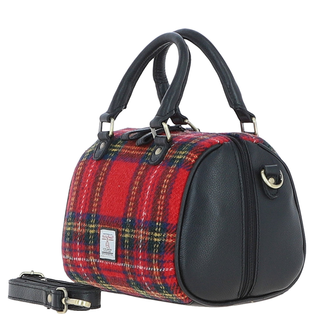Leather & Harris Tweed Medium Barrel Bag – Black / Red, view 2