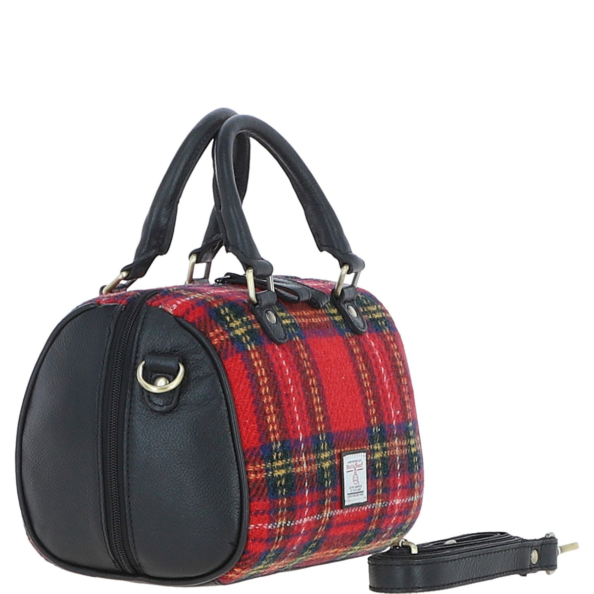 Leather & Harris Tweed Medium Barrel Bag – Black / Red, view 4