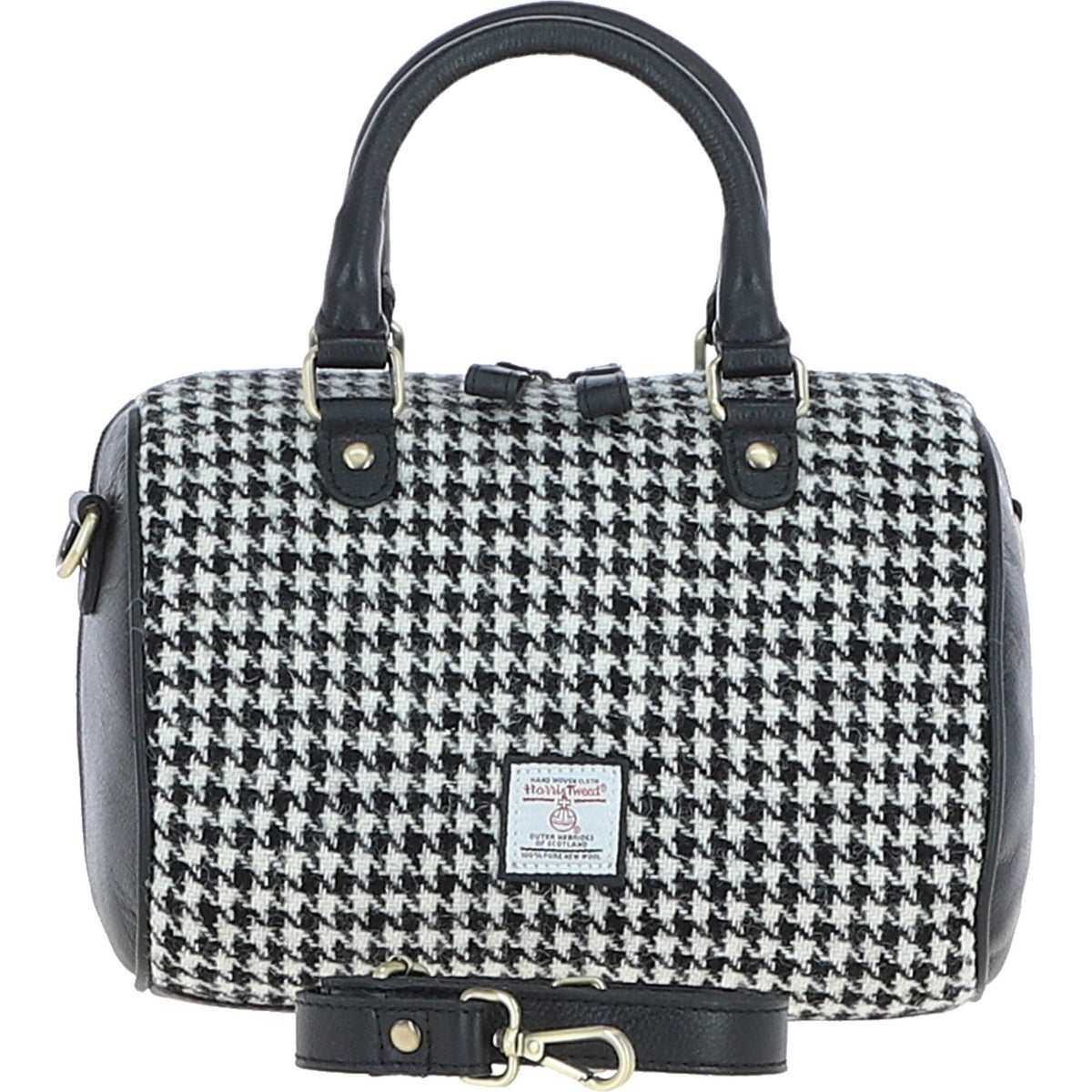 Leather & Harris Tweed Medium Barrel Bag – Black / White, view 1