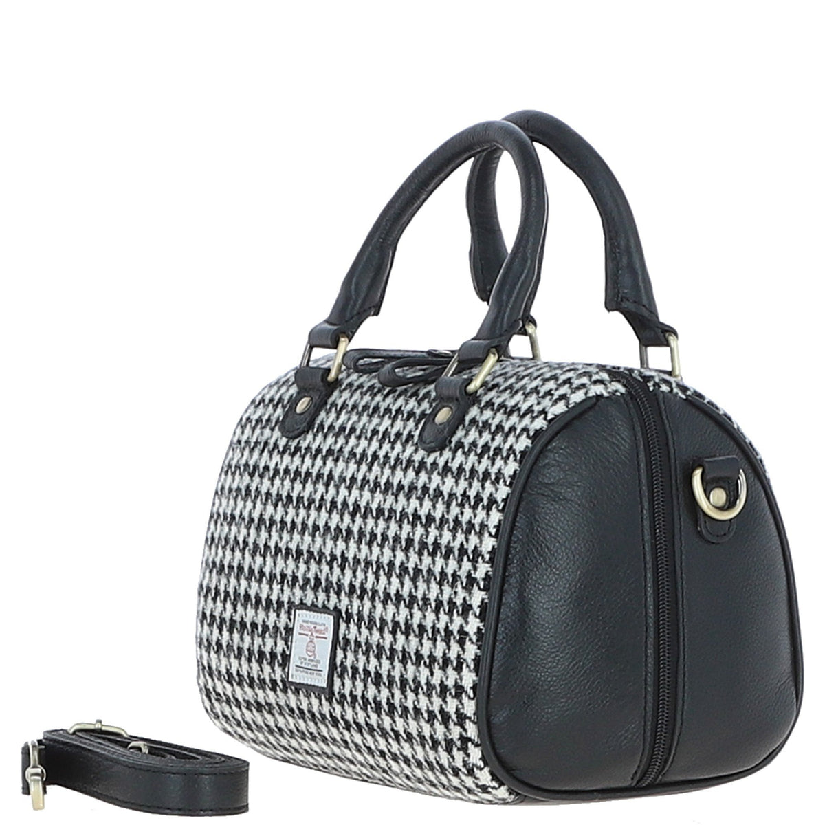 Leather & Harris Tweed Medium Barrel Bag – Black / White, view 2