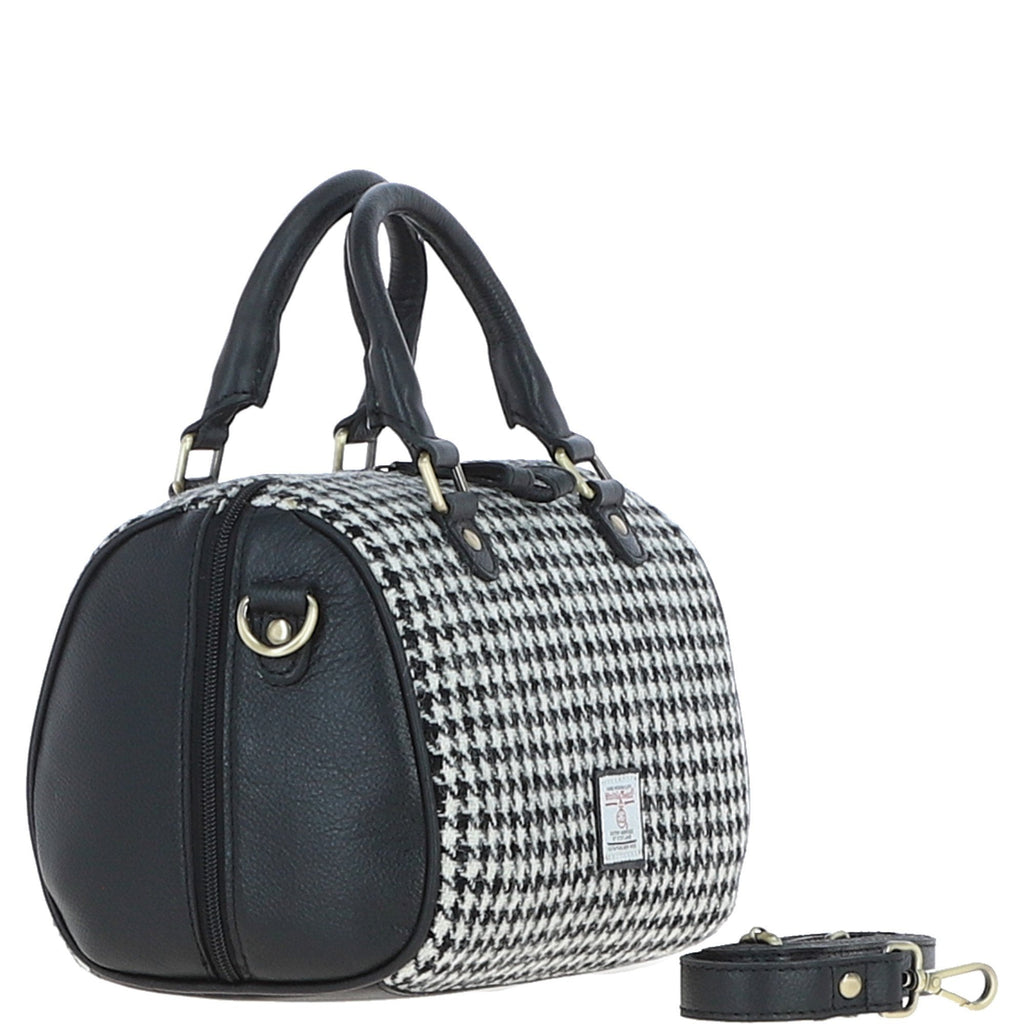 Leather & Harris Tweed Medium Barrel Bag – Black / White, view 4