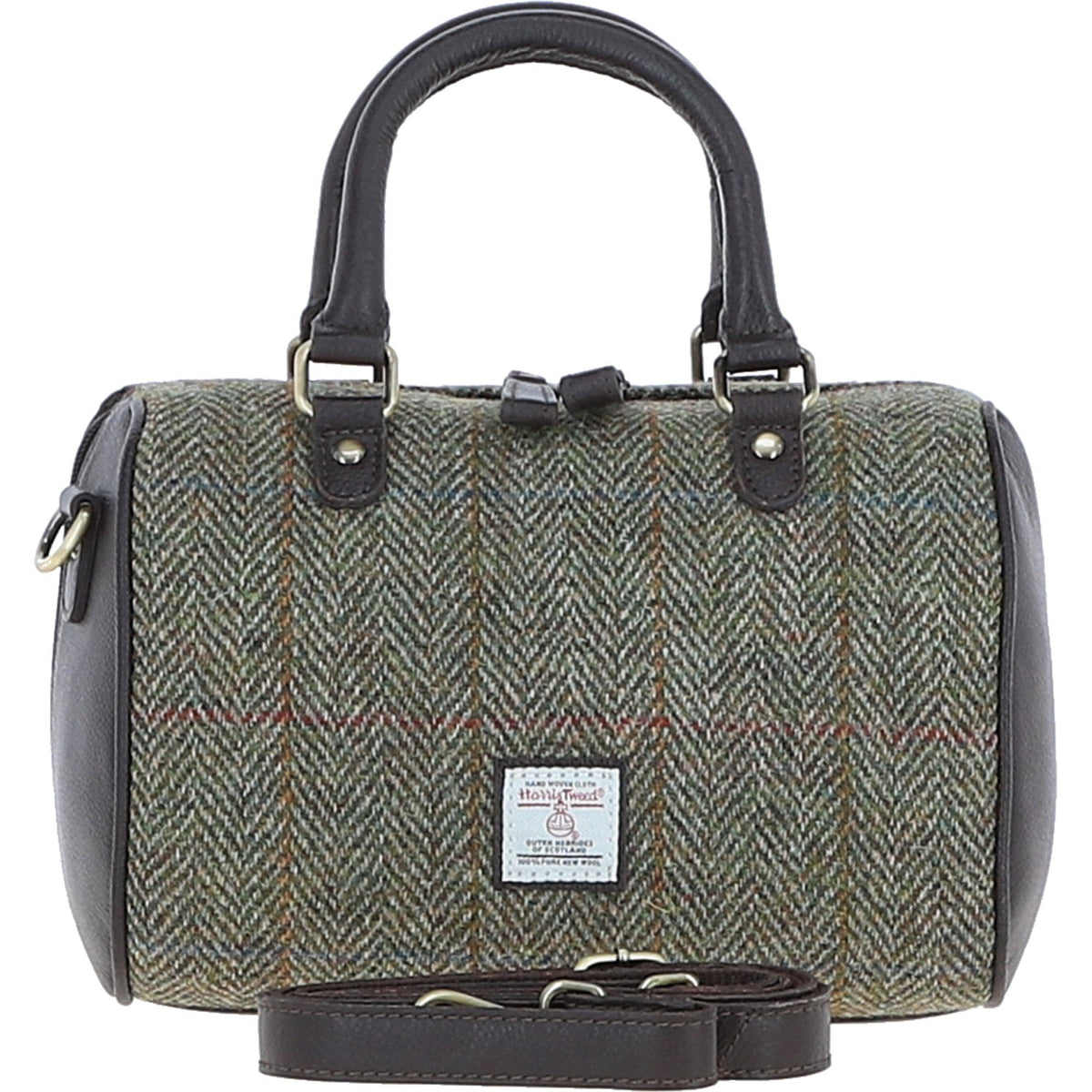 Leather & Harris Tweed Medium Barrel Bag – Brown / Green, view 1