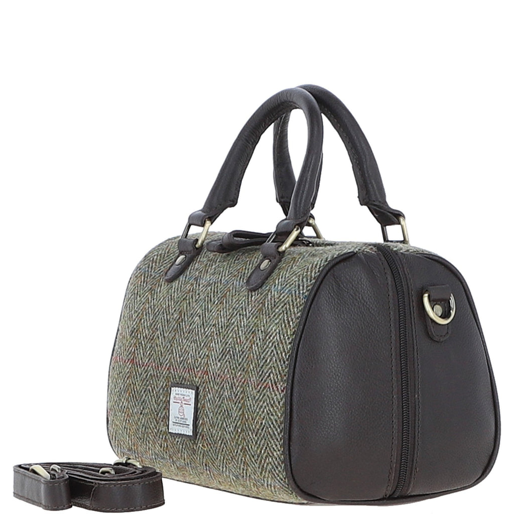 Leather & Harris Tweed Medium Barrel Bag – Brown / Green, view 2