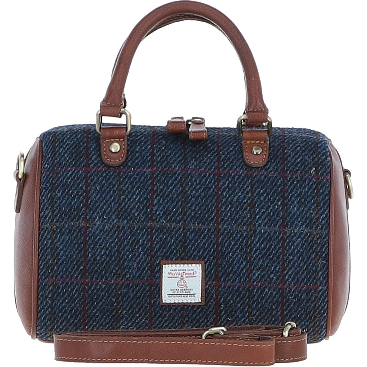Leather & Harris Tweed Medium Barrel Bag – Tan / Navy, view 1