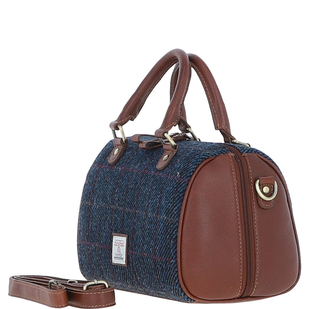 Leather & Harris Tweed Medium Barrel Bag – Tan / Navy, view 2