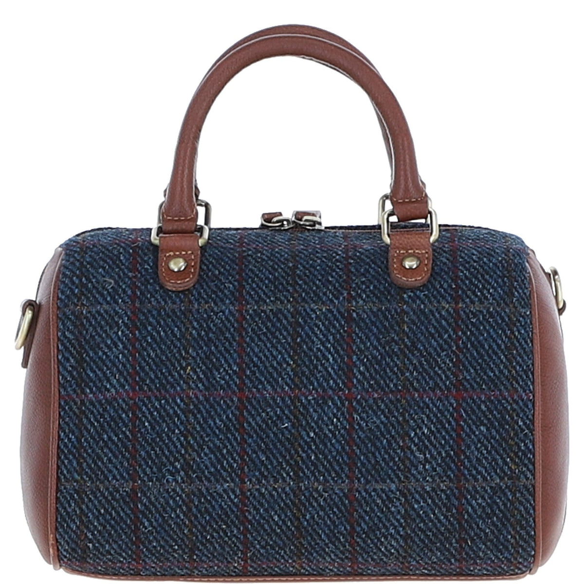 Leather & Harris Tweed Medium Barrel Bag – Tan / Navy, view 3