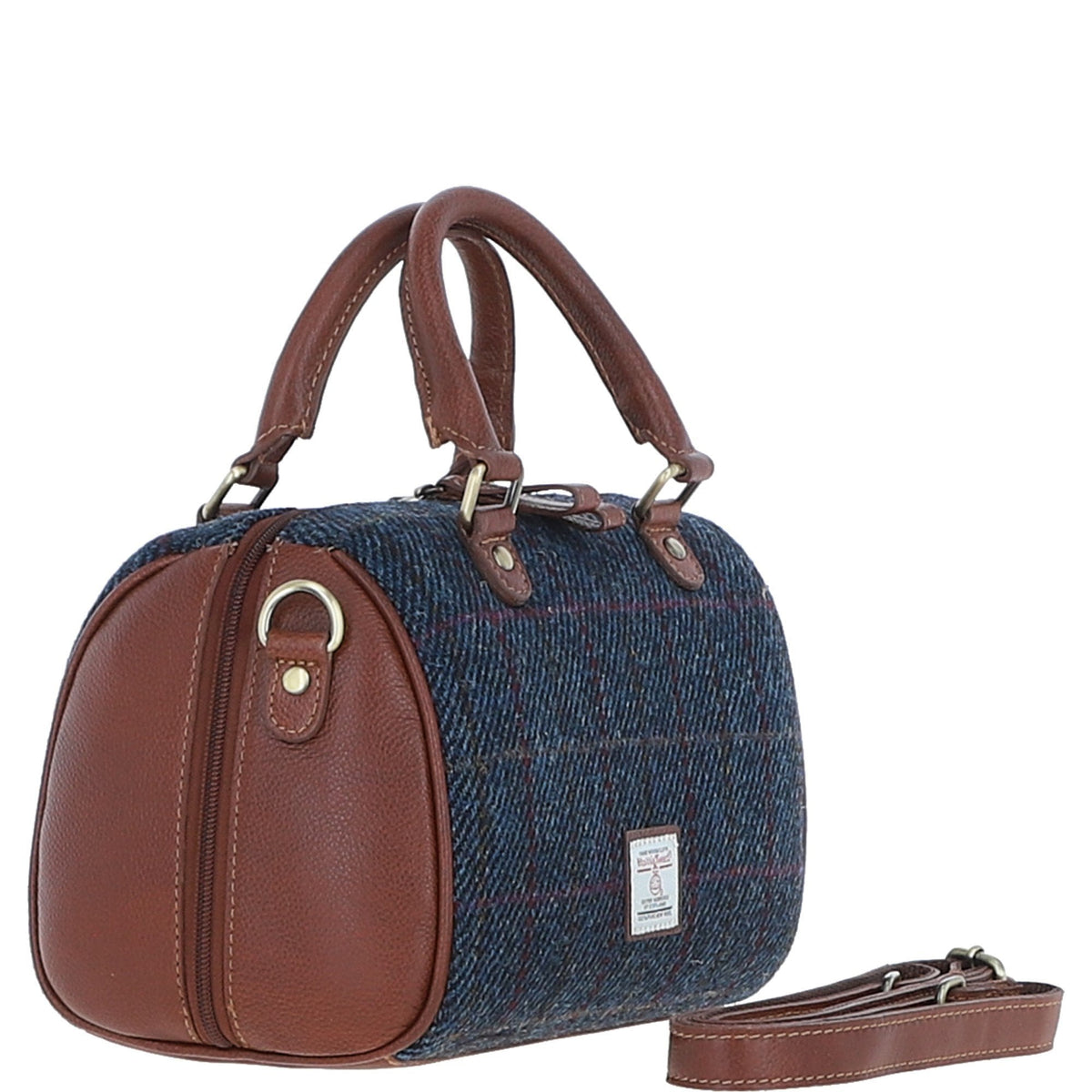 Leather & Harris Tweed Medium Barrel Bag – Tan / Navy, view 4