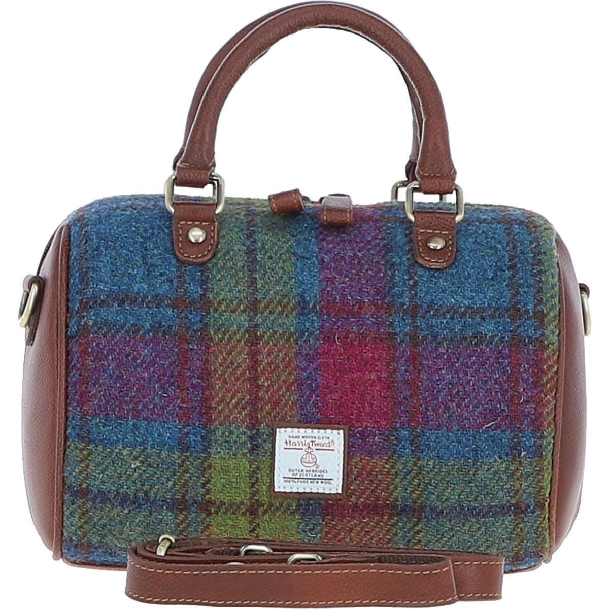Leather & Harris Tweed Medium Barrel Bag – Tan / Purple, view 1