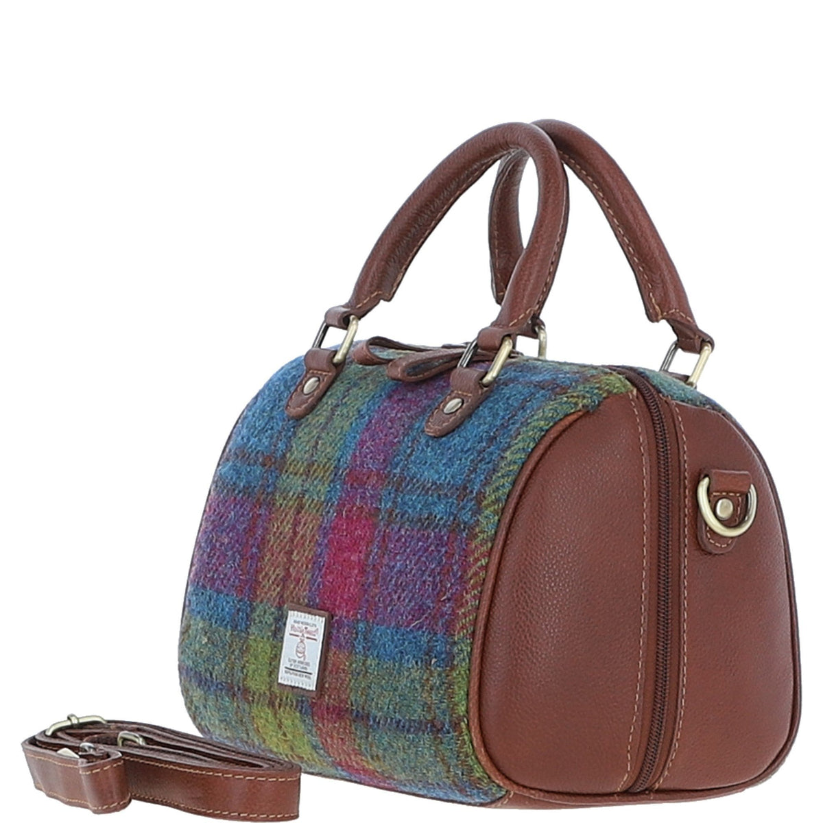 Leather & Harris Tweed Medium Barrel Bag – Tan / Purple, view 2