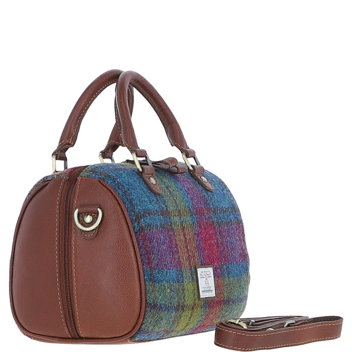 Leather & Harris Tweed Medium Barrel Bag – Tan / Purple, view 4