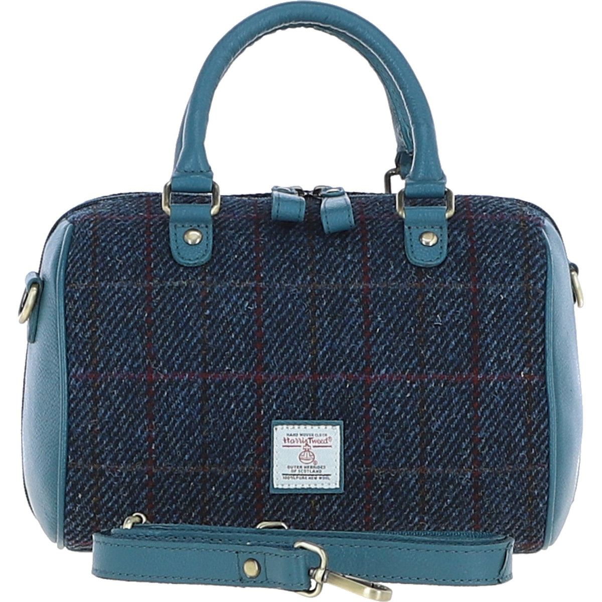 Leather & Harris Tweed Medium Barrel Bag – Teal / Navy, view 1