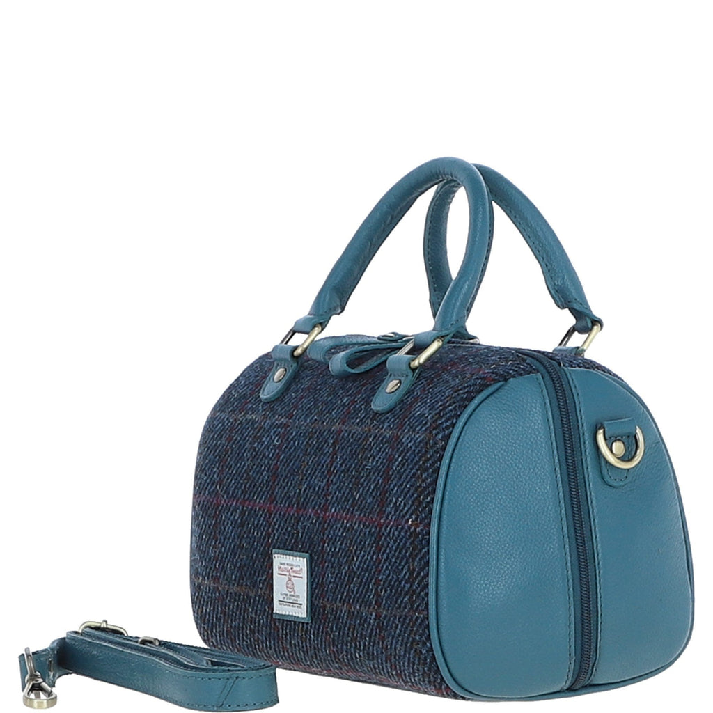 Leather & Harris Tweed Medium Barrel Bag – Teal / Navy, view 2