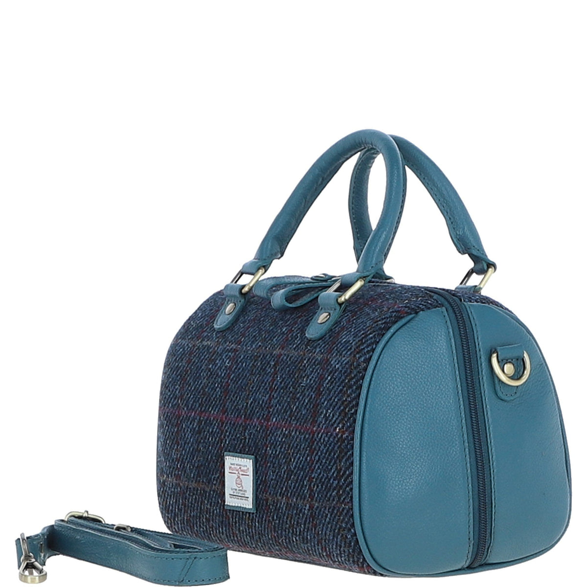 Leather & Harris Tweed Medium Barrel Bag – Teal / Navy, view 2