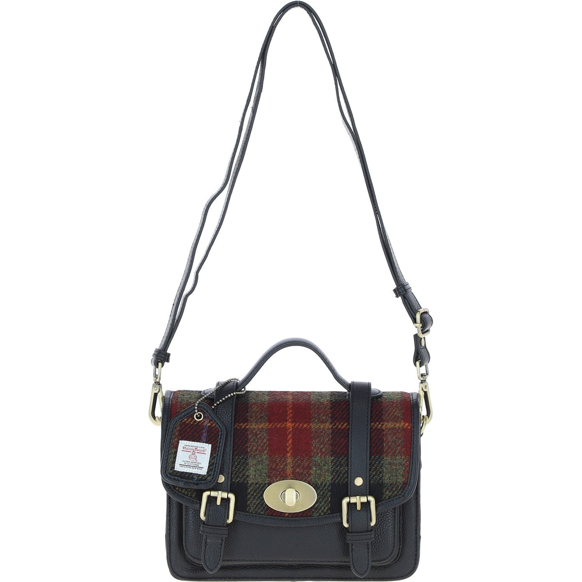 Leather & Harris Tweed Medium Twist Lock Satchel – Black / Green / Red, view 1