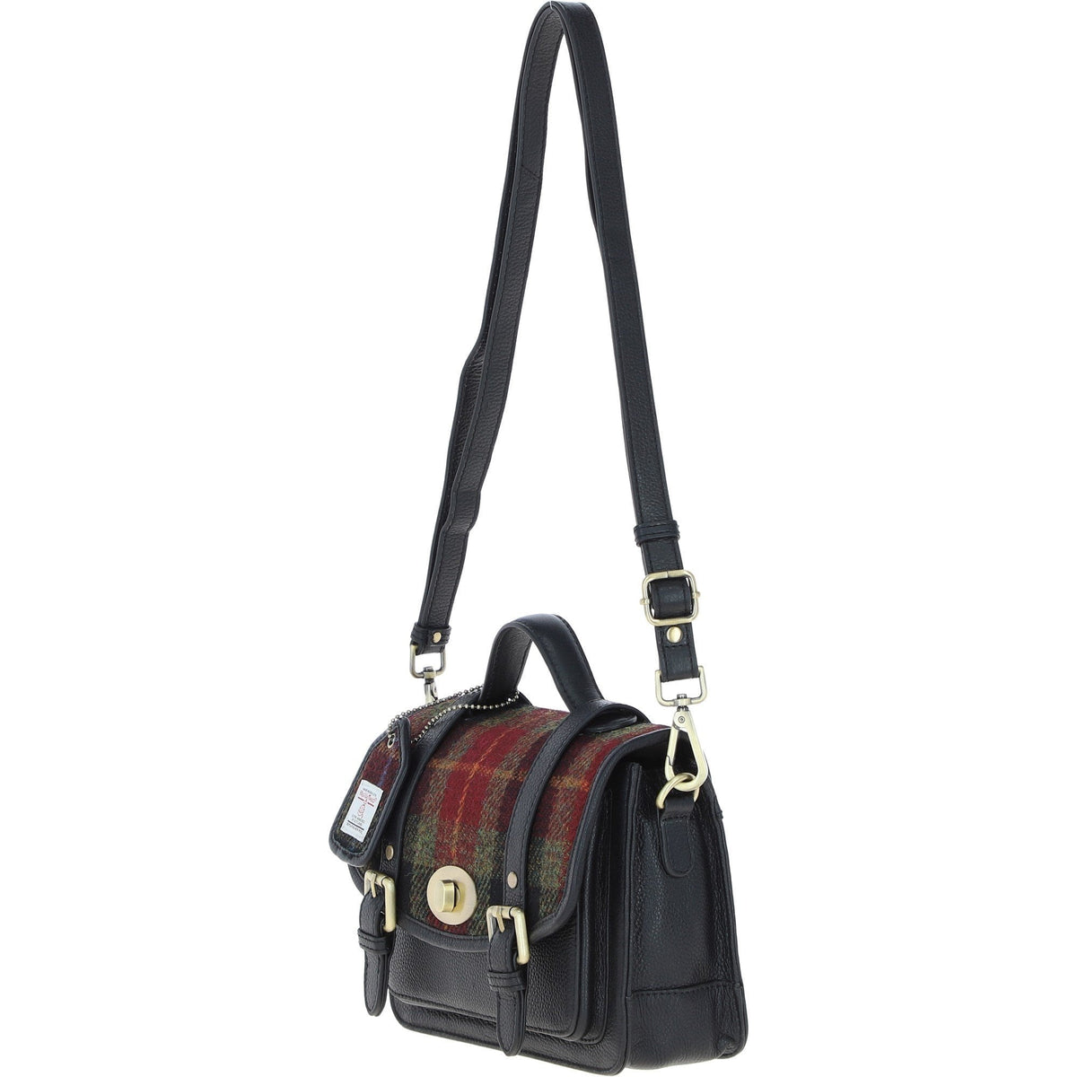 Leather & Harris Tweed Medium Twist Lock Satchel – Black / Green / Red, view 2