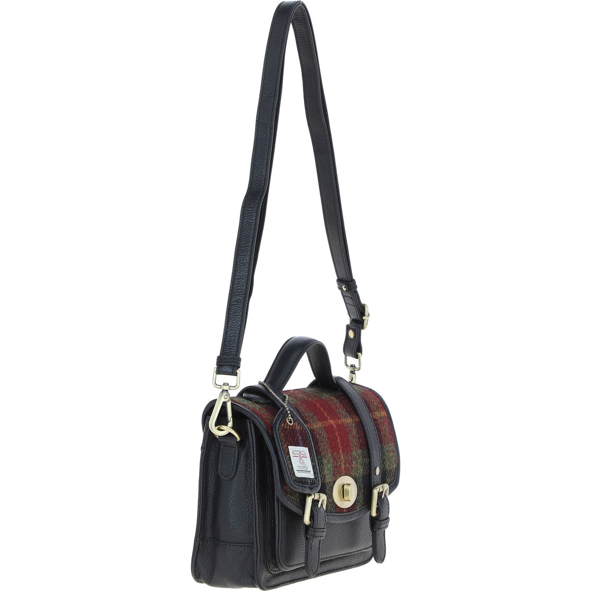 Leather & Harris Tweed Medium Twist Lock Satchel – Black / Green / Red, view 4
