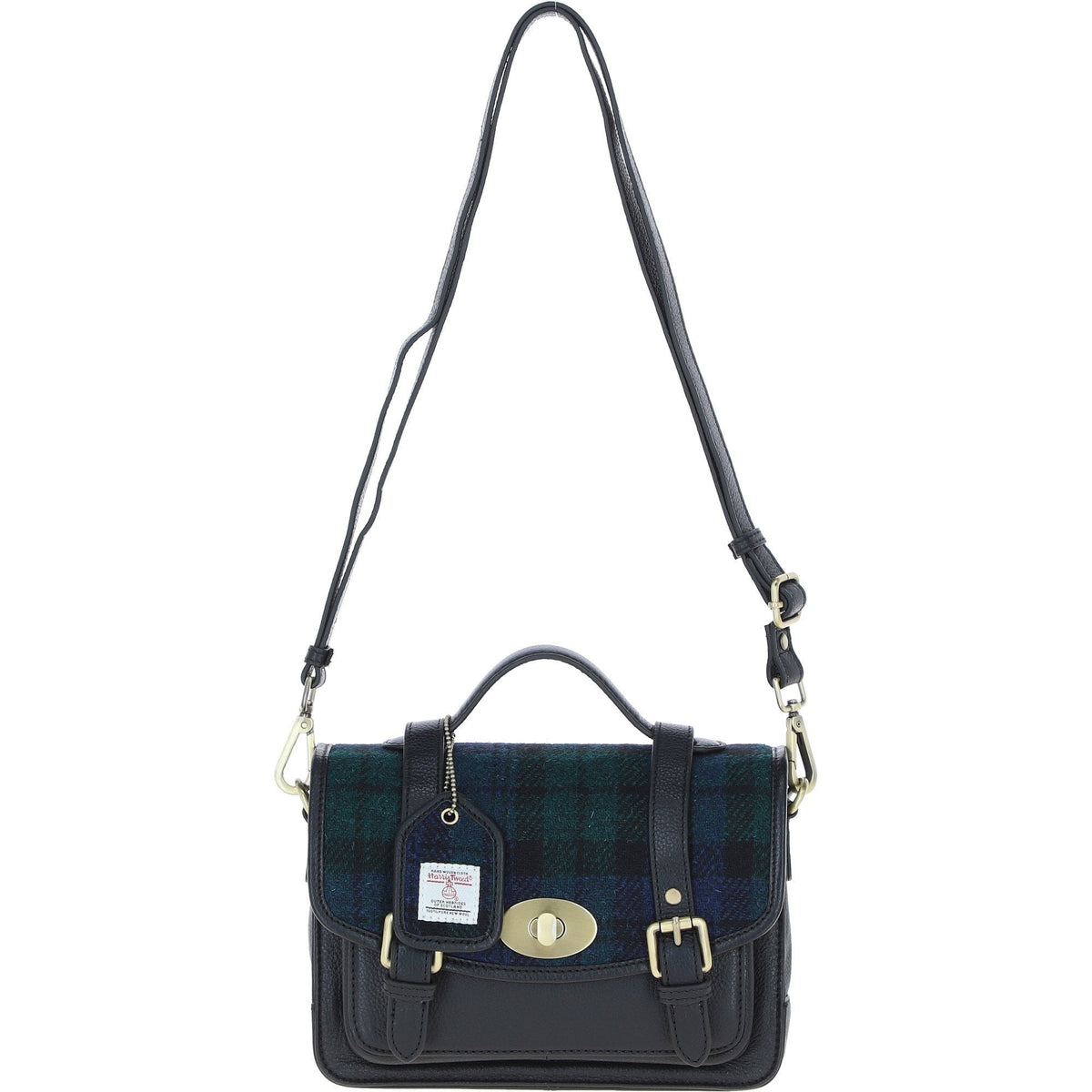 Leather & Harris Tweed Medium Twist Lock Satchel – Black / Watch, view 1
