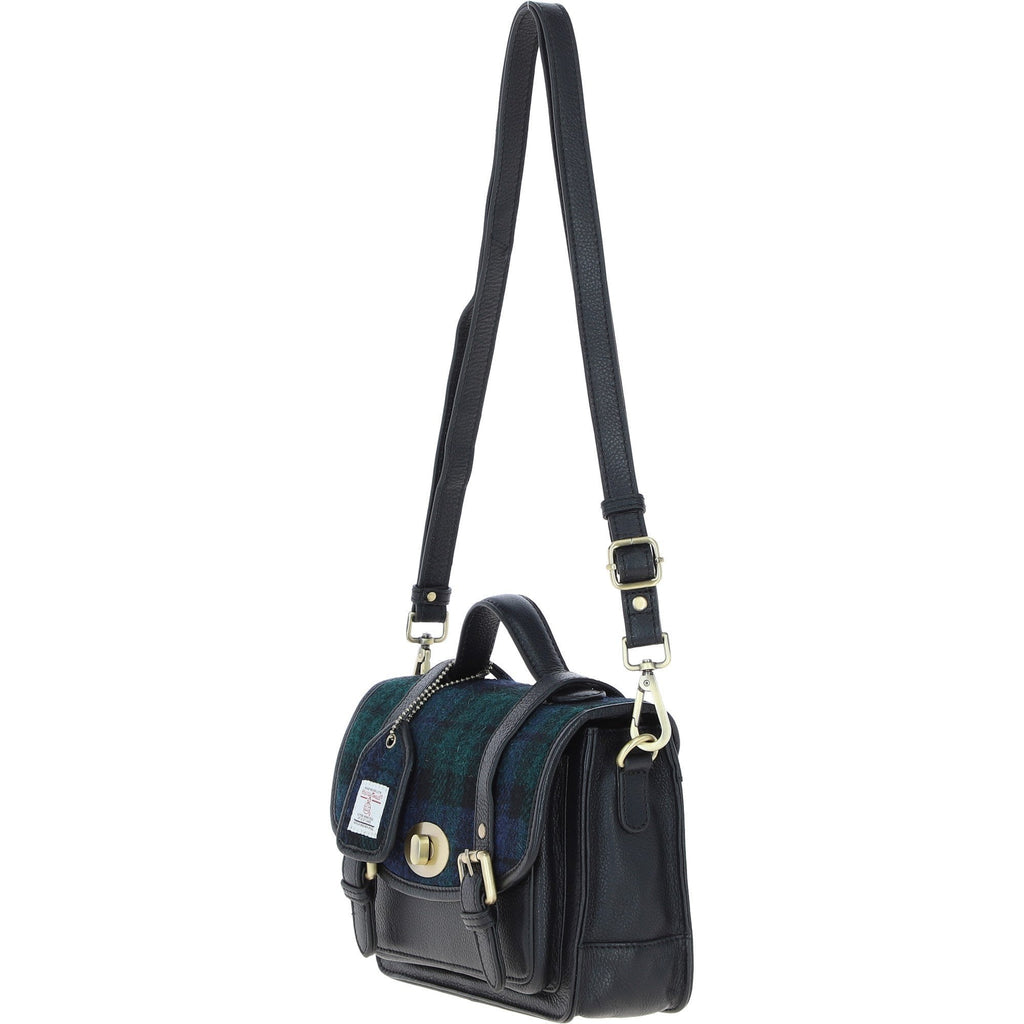 Leather & Harris Tweed Medium Twist Lock Satchel – Black / Watch, view 2