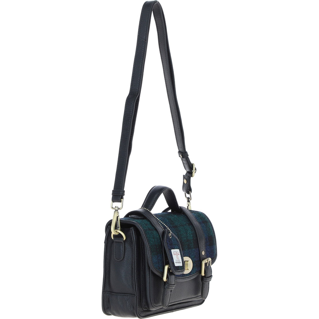 Leather & Harris Tweed Medium Twist Lock Satchel – Black / Watch, view 4