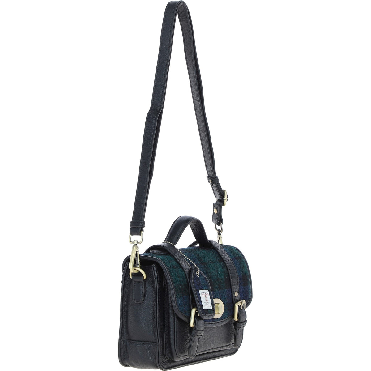 Leather & Harris Tweed Medium Twist Lock Satchel – Black / Watch, view 4