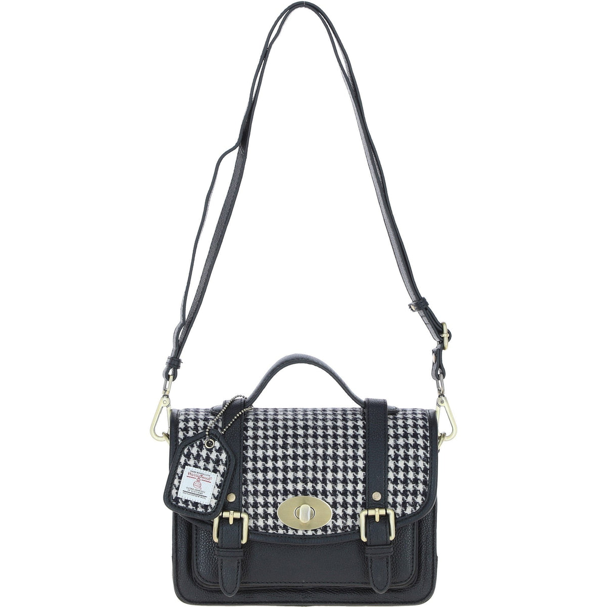 Leather & Harris Tweed Medium Twist Lock Satchel – Black / White, view 1