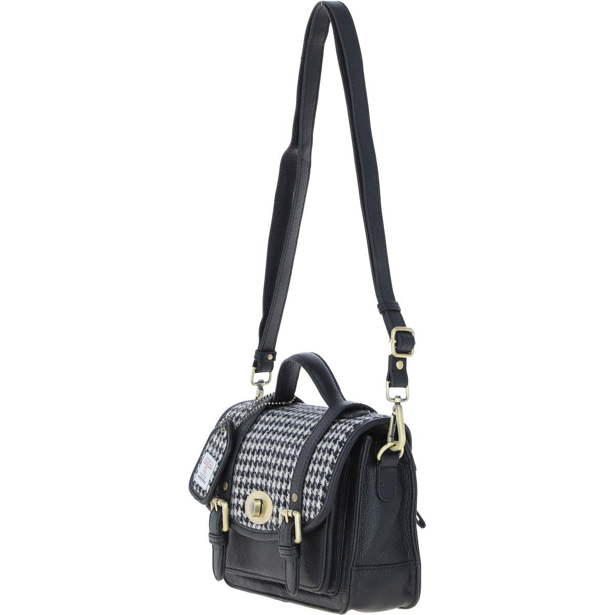 Leather & Harris Tweed Medium Twist Lock Satchel – Black / White, view 2
