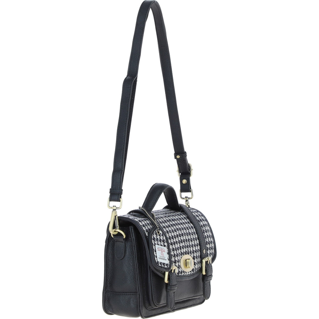 Leather & Harris Tweed Medium Twist Lock Satchel – Black / White, view 4