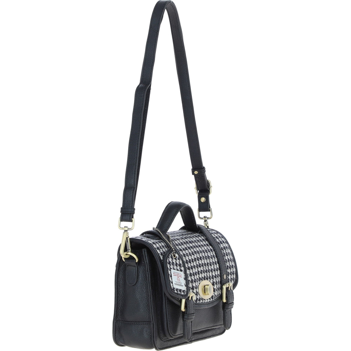 Leather & Harris Tweed Medium Twist Lock Satchel – Black / White, view 4