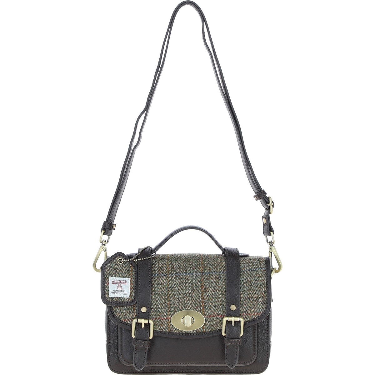 Leather & Harris Tweed Medium Twist Lock Satchel – Brown / Green, view 1