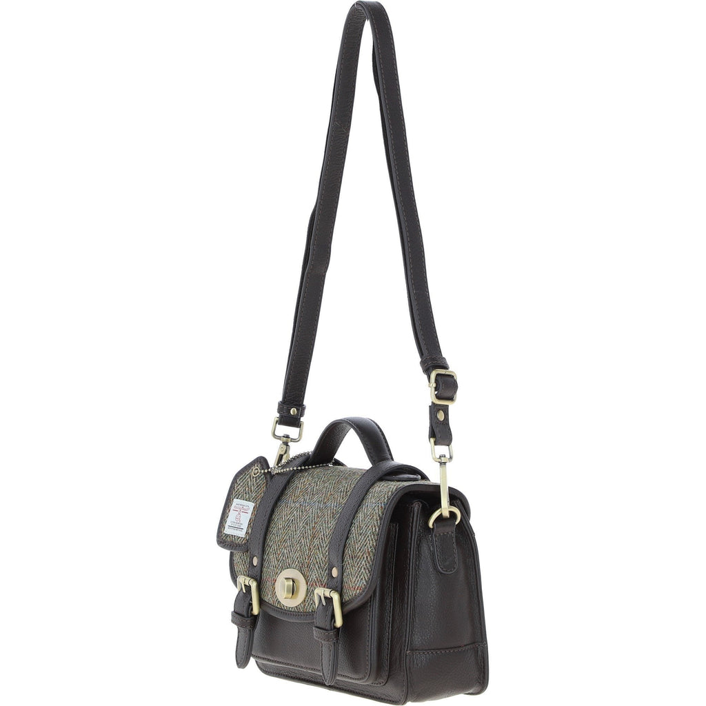 Leather & Harris Tweed Medium Twist Lock Satchel – Brown / Green, view 2