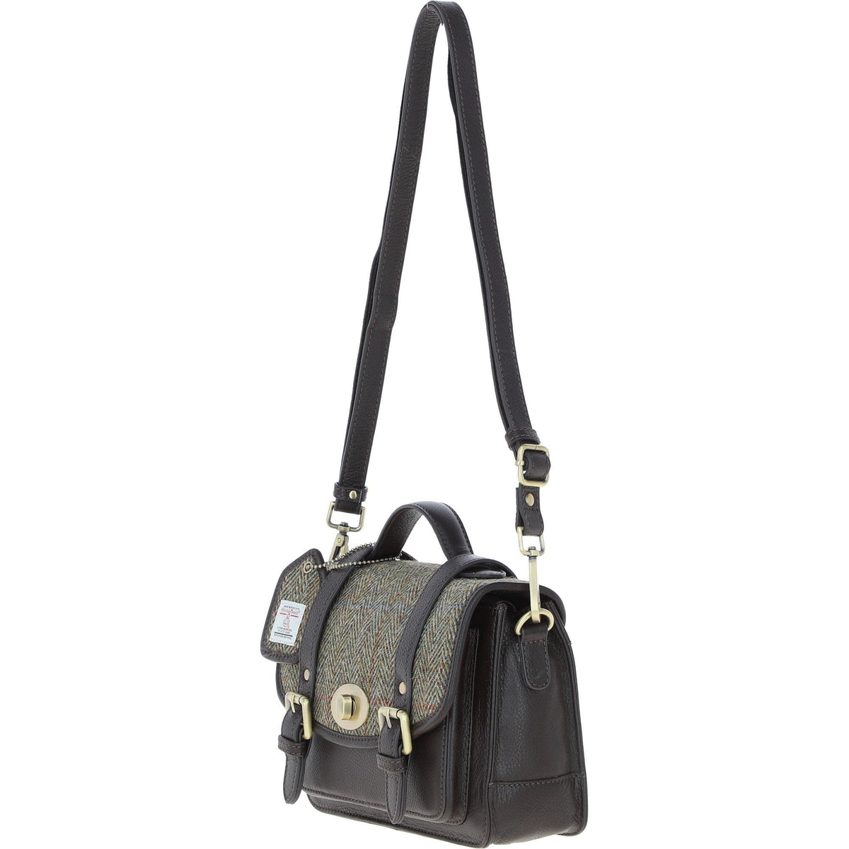 Leather & Harris Tweed Medium Twist Lock Satchel – Brown / Green, view 2