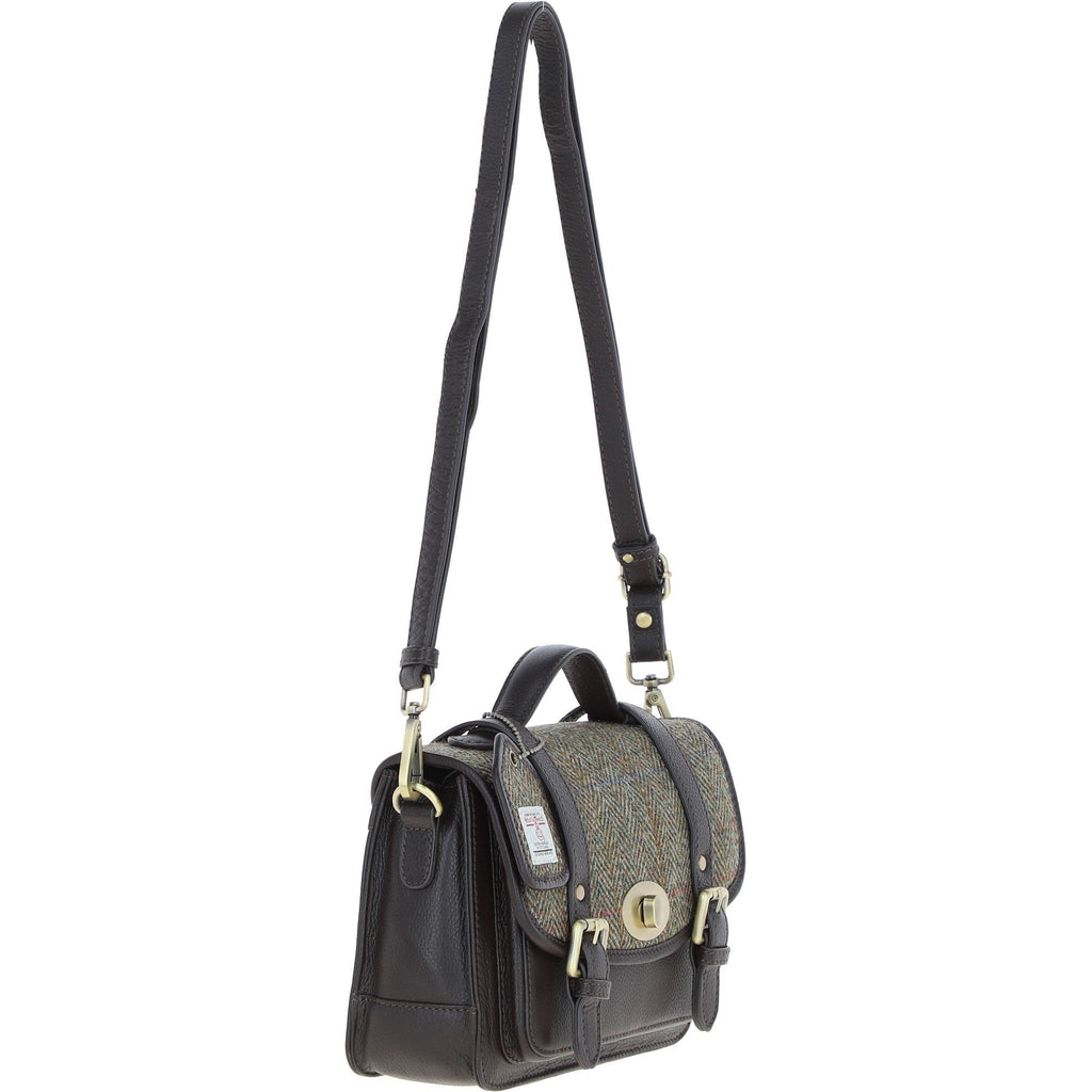 Leather & Harris Tweed Medium Twist Lock Satchel – Brown / Green, view 4