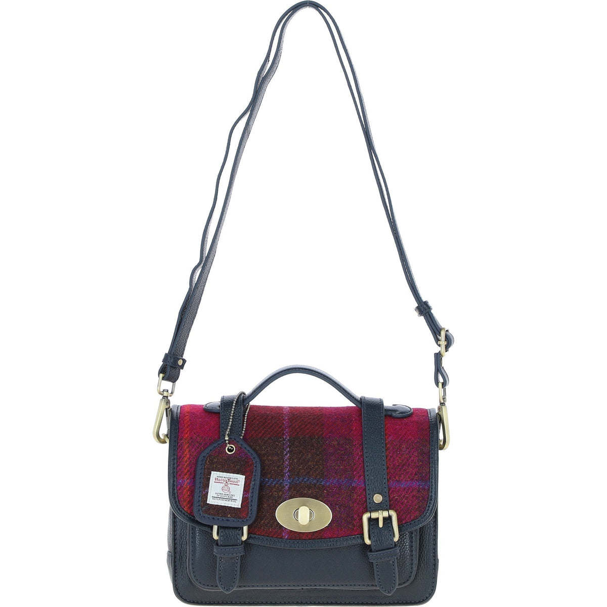 Leather & Harris Tweed Medium Twist Lock Satchel – Navy / Pink, view 1