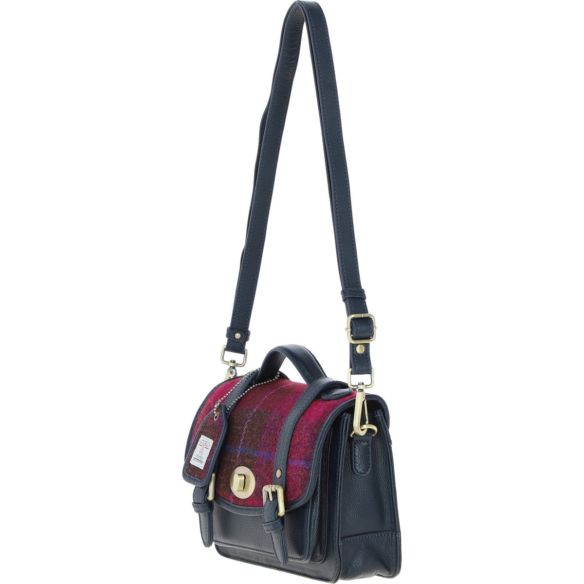 Leather & Harris Tweed Medium Twist Lock Satchel – Navy / Pink, view 2