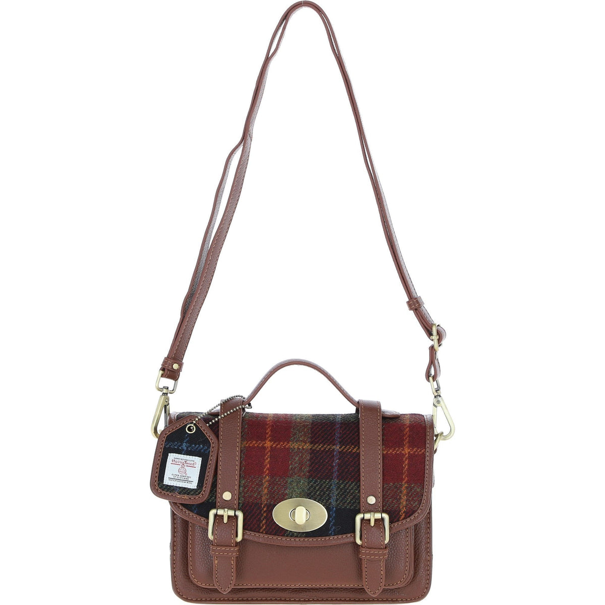 Leather & Harris Tweed Medium Twist Lock Satchel – Tan / Green / Red, view 1