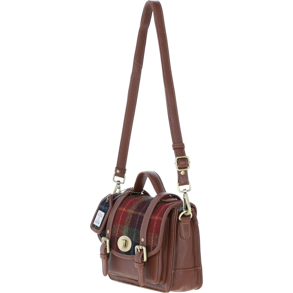 Leather & Harris Tweed Medium Twist Lock Satchel – Tan / Green / Red, view 2
