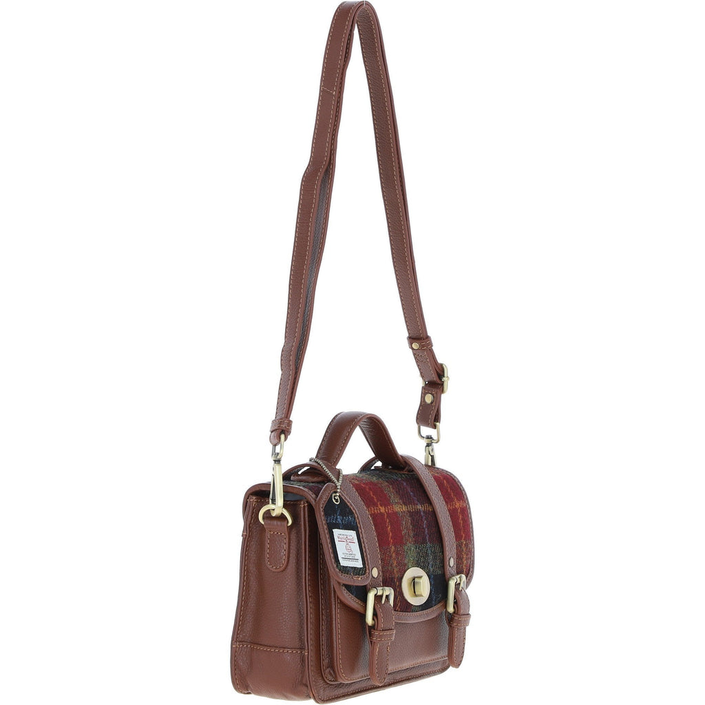 Leather & Harris Tweed Medium Twist Lock Satchel – Tan / Green / Red, view 4