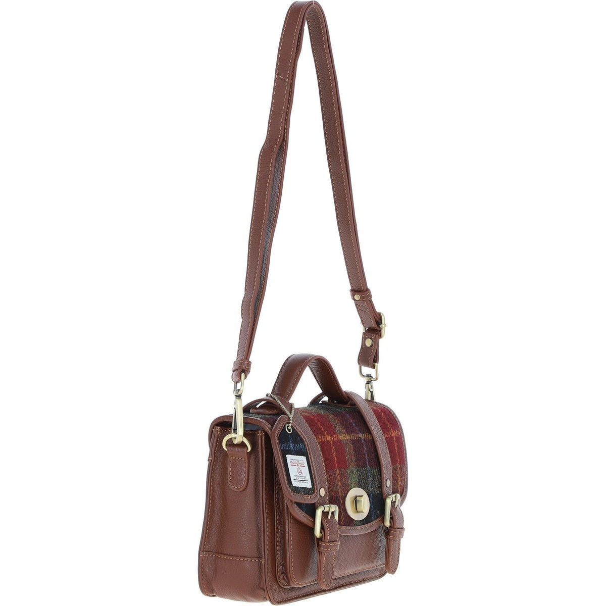 Leather & Harris Tweed Medium Twist Lock Satchel – Tan / Green / Red, view 4