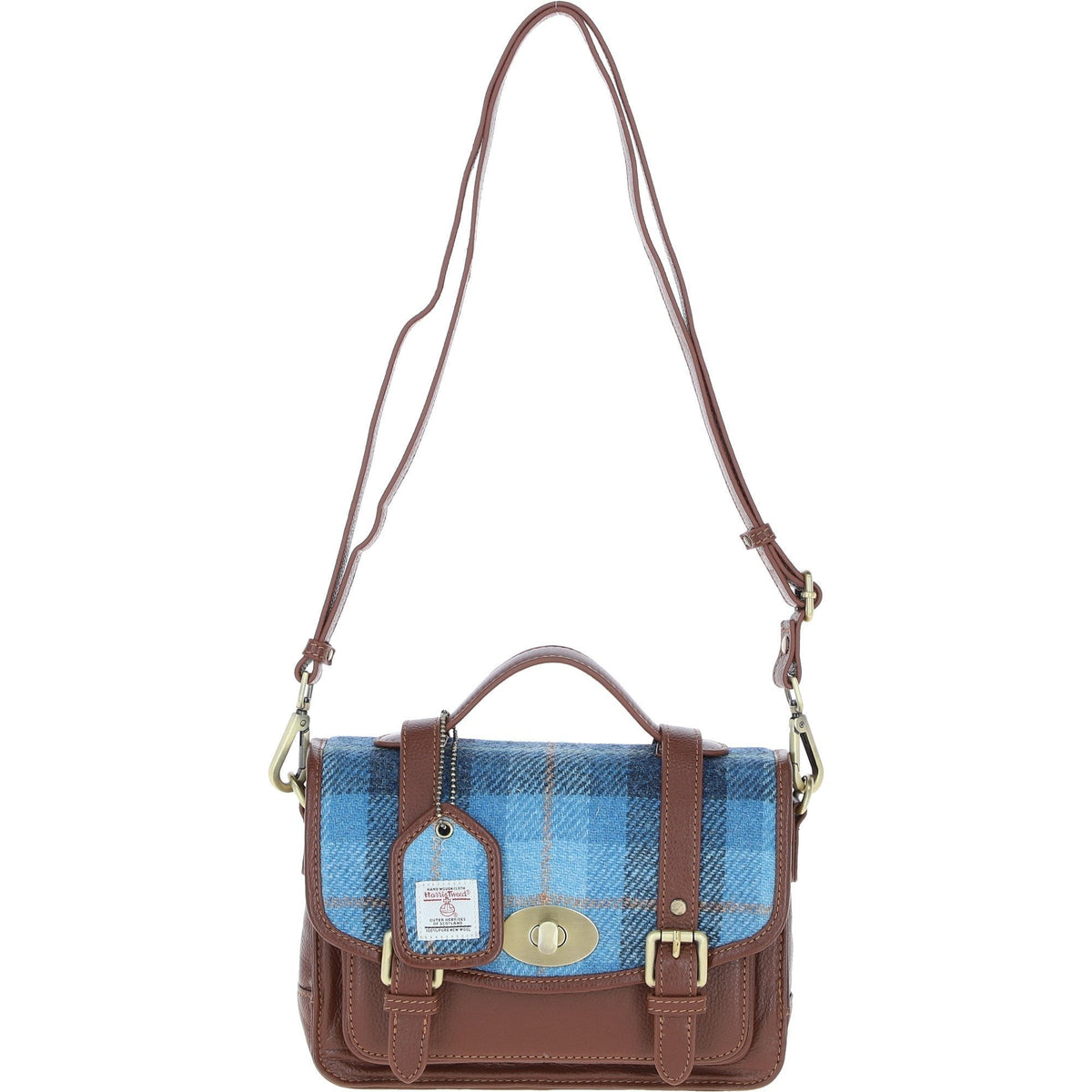 Leather & Harris Tweed Medium Twist Lock Satchel – Tan / Light Blue, view 1