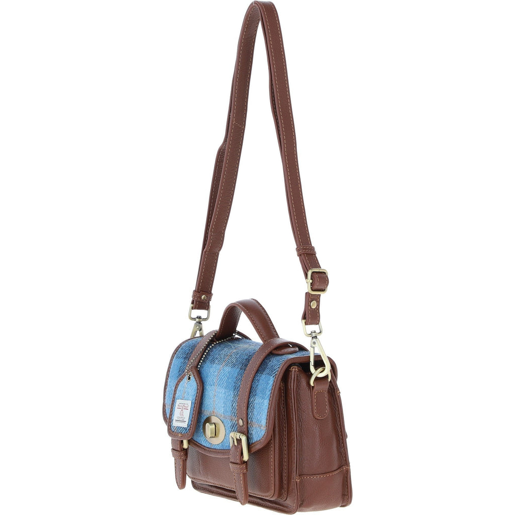 Leather & Harris Tweed Medium Twist Lock Satchel – Tan / Light Blue, view 2