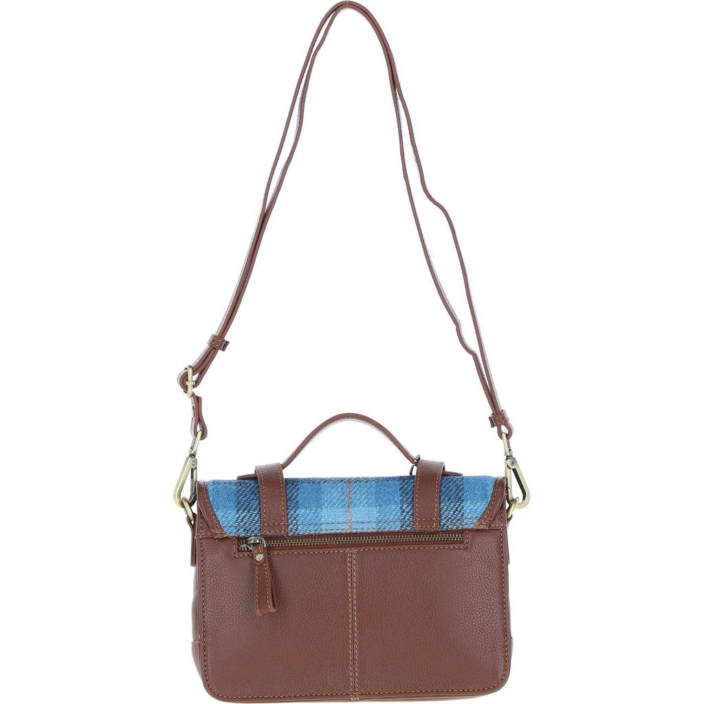 Leather & Harris Tweed Medium Twist Lock Satchel – Tan / Light Blue, view 3