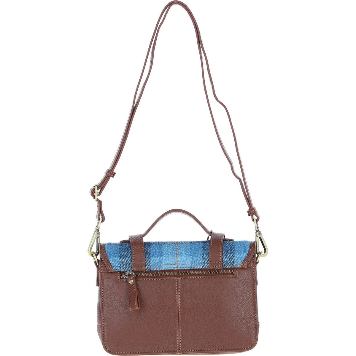 Leather & Harris Tweed Medium Twist Lock Satchel – Tan / Light Blue, view 3