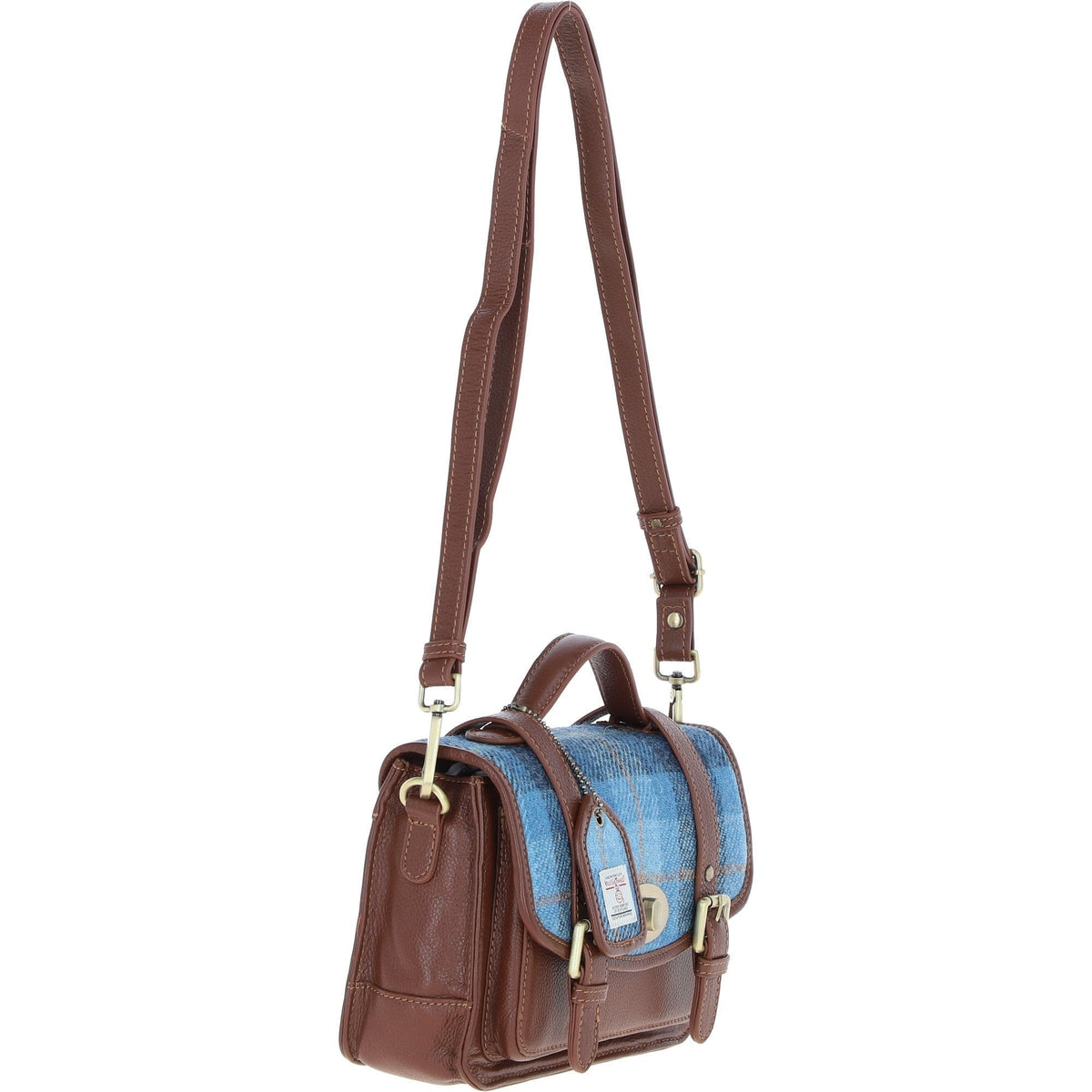 Leather & Harris Tweed Medium Twist Lock Satchel – Tan / Light Blue, view 4