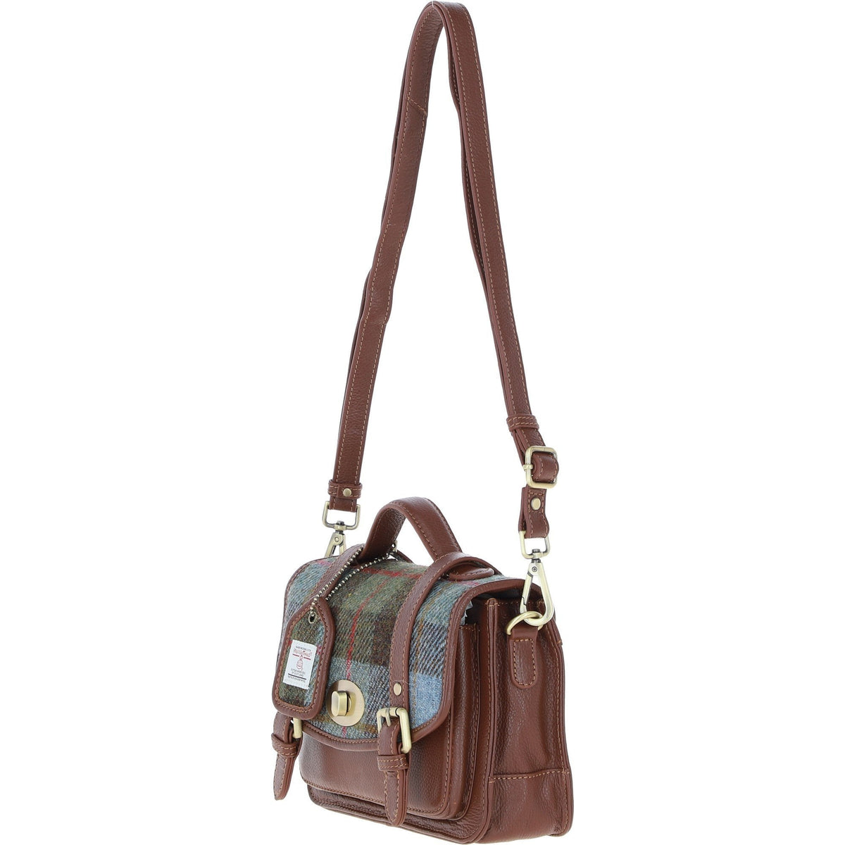 Leather & Harris Tweed Medium Twist Lock Satchel – Tan / Macleod, view 2