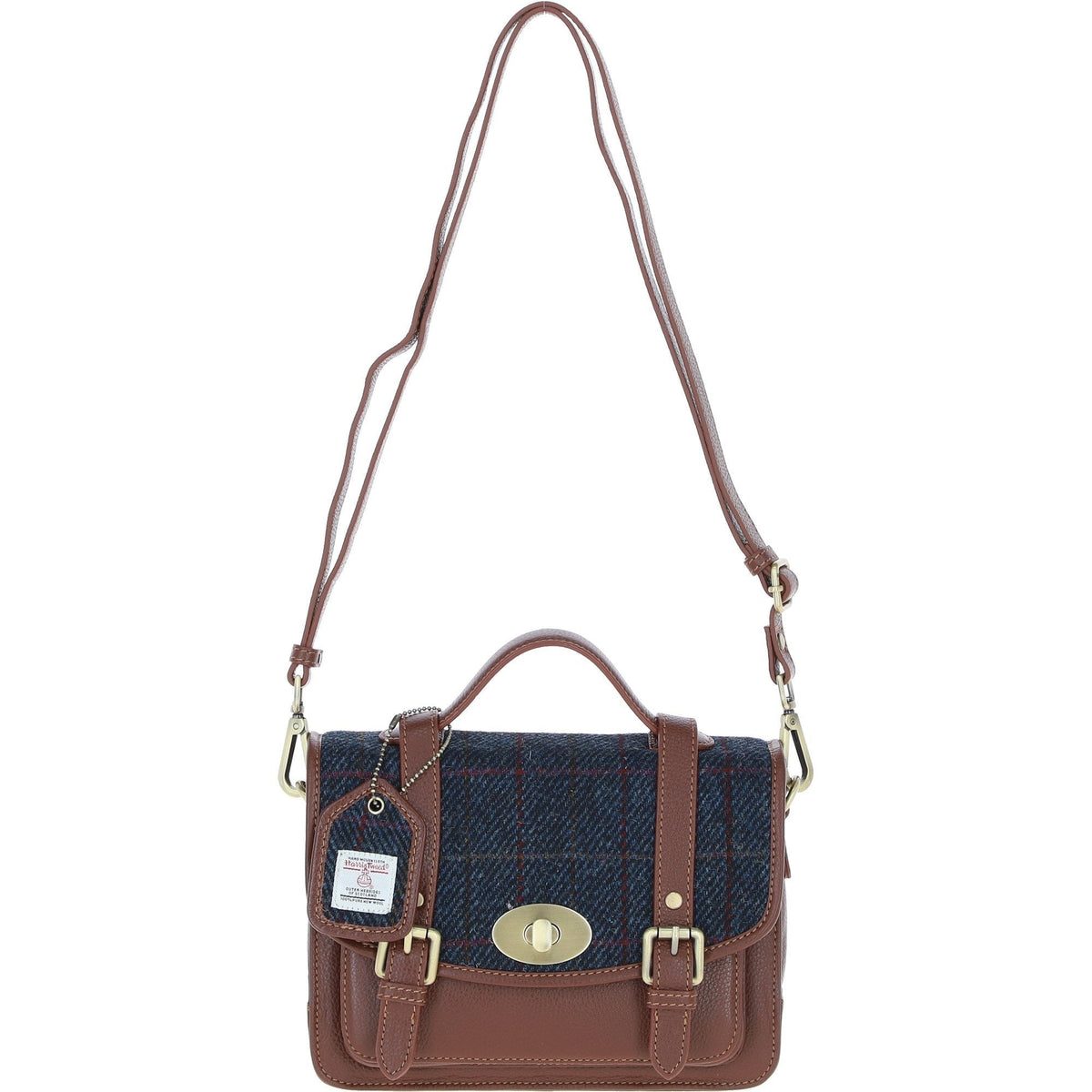 Leather & Harris Tweed Medium Twist Lock Satchel – Tan / Navy, view 1
