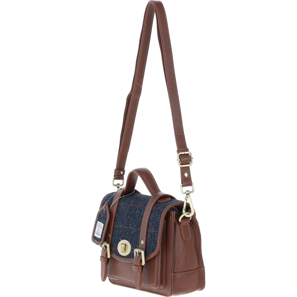 Leather & Harris Tweed Medium Twist Lock Satchel – Tan / Navy, view 2
