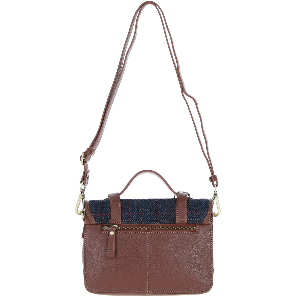 Leather & Harris Tweed Medium Twist Lock Satchel – Tan / Navy, view 3