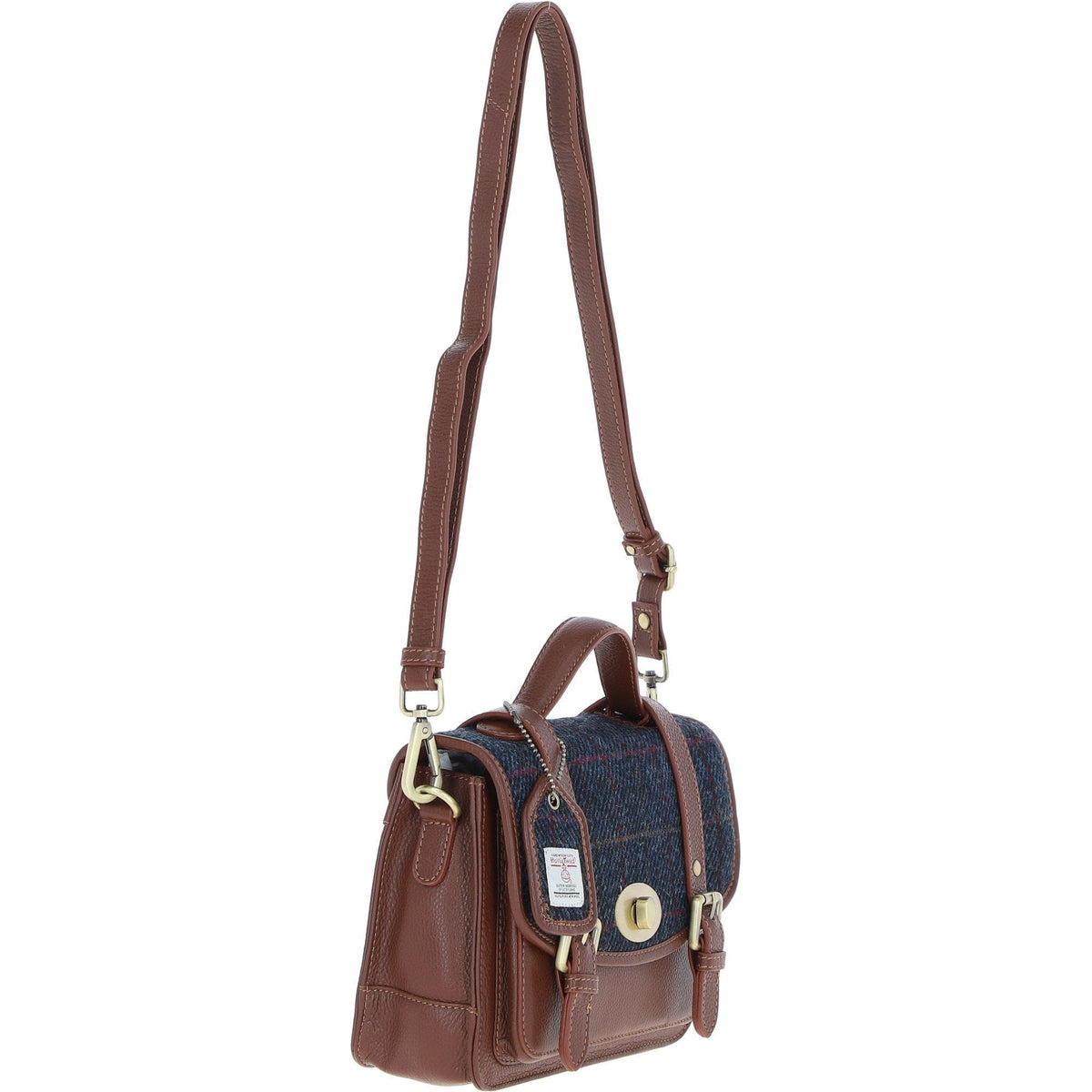 Leather & Harris Tweed Medium Twist Lock Satchel – Tan / Navy, view 4